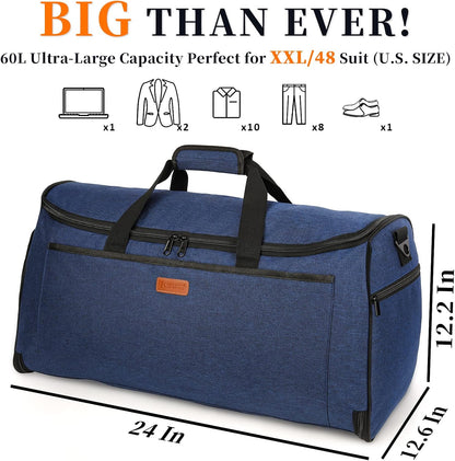Garment Bags for Travel 60L Waterproof 2-in-1 Hanging Duffle Bag for Men Women with SBS Zipper & Shoes Compartment