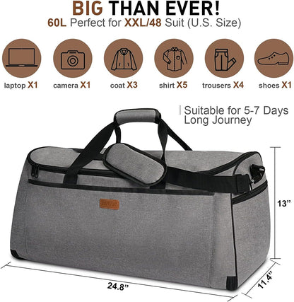 Garment Bags for Travel 60L Waterproof 2-in-1 Hanging Duffle Bag for Men Women with SBS Zipper & Shoes Compartment