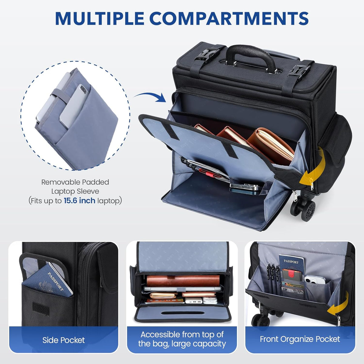 Rolling Laptop Bag 15.6 Inch, Ballistic Nylon Wheeled Briefcase for Men Women, Professional Rolling Work Bag, Underseat Carry On Business Case, 360 Spinner Wheels, Accordion File Office Bag