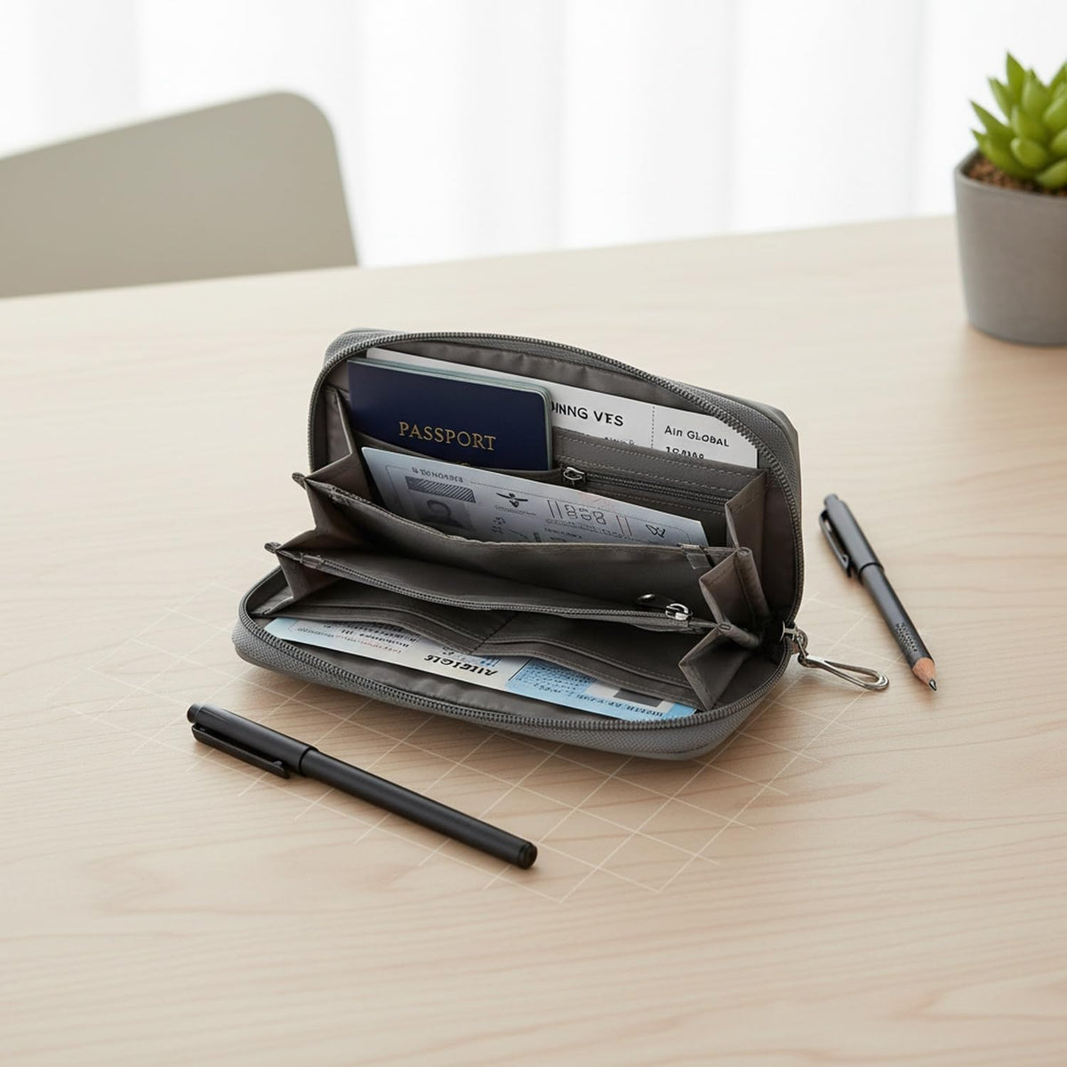 Gray Nylon Travel Document Organizer - Passport Wallet with Compartments for Boarding Passes, Visas & Tickets