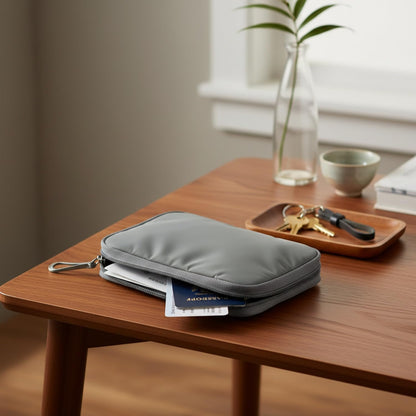 Gray Nylon Travel Document Organizer - Passport Wallet with Compartments for Boarding Passes, Visas & Tickets
