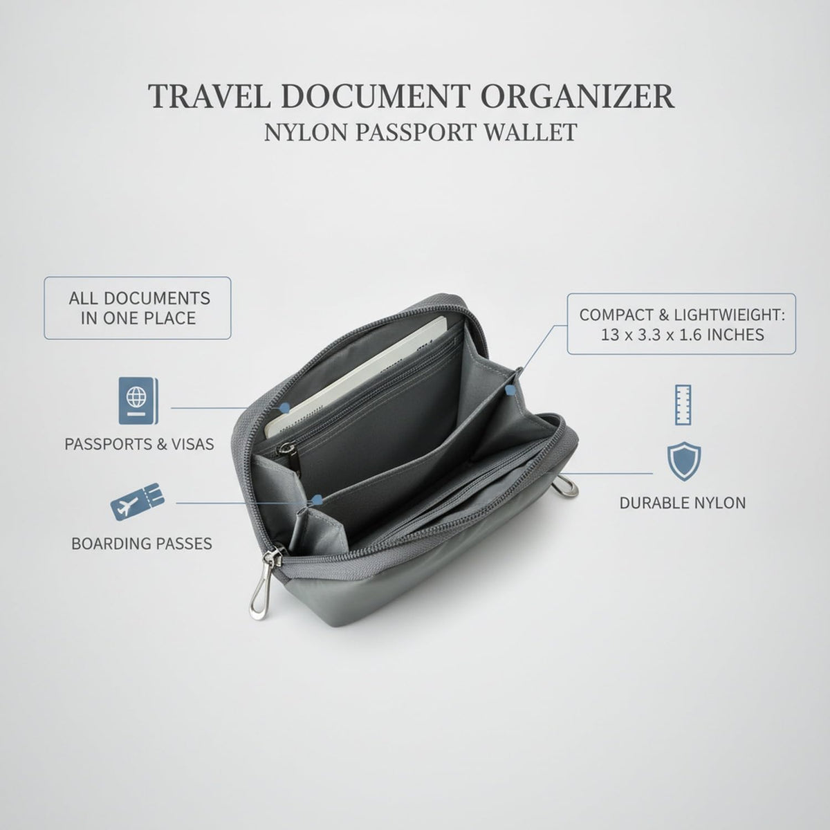 Gray Nylon Travel Document Organizer - Passport Wallet with Compartments for Boarding Passes, Visas & Tickets