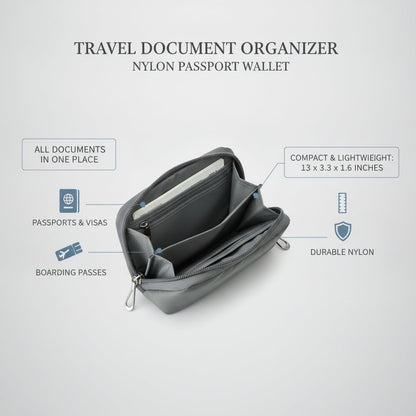 Gray Nylon Travel Document Organizer - Passport Wallet with Compartments for Boarding Passes, Visas & Tickets