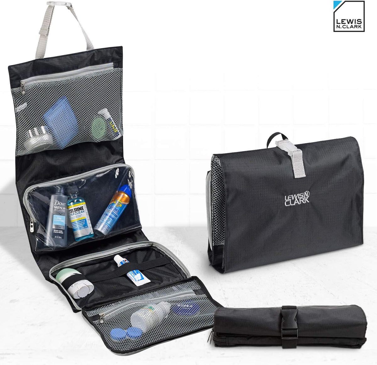 Hanging Toiletry Bag for Travel Accessories, Shampoo, Cosmetics + Personal Items with Waterproof Compartment and Folding Design, Black