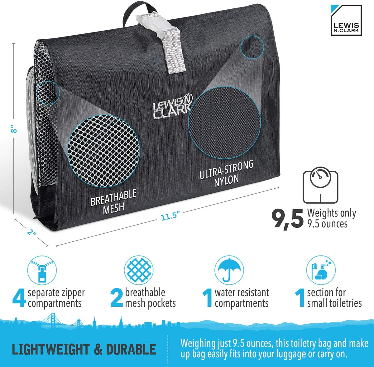 Hanging Toiletry Bag for Travel Accessories, Shampoo, Cosmetics + Personal Items with Waterproof Compartment and Folding Design, Black