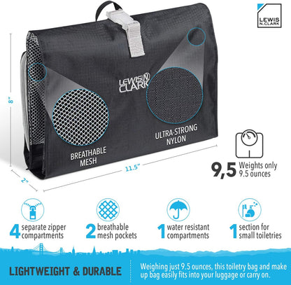 Hanging Toiletry Bag for Travel Accessories, Shampoo, Cosmetics + Personal Items with Waterproof Compartment and Folding Design, Black