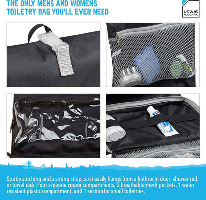 Hanging Toiletry Bag for Travel Accessories, Shampoo, Cosmetics + Personal Items with Waterproof Compartment and Folding Design, Black
