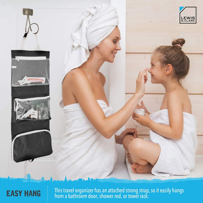 Hanging Toiletry Bag for Travel Accessories, Shampoo, Cosmetics + Personal Items with Waterproof Compartment and Folding Design, Black