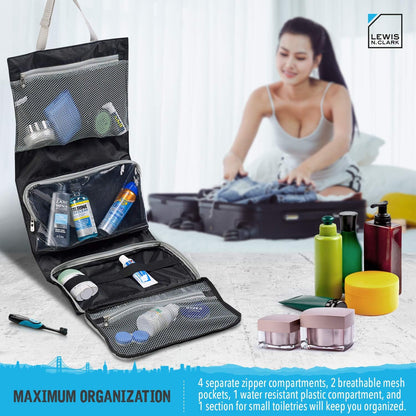 Hanging Toiletry Bag for Travel Accessories, Shampoo, Cosmetics + Personal Items with Waterproof Compartment and Folding Design, Black