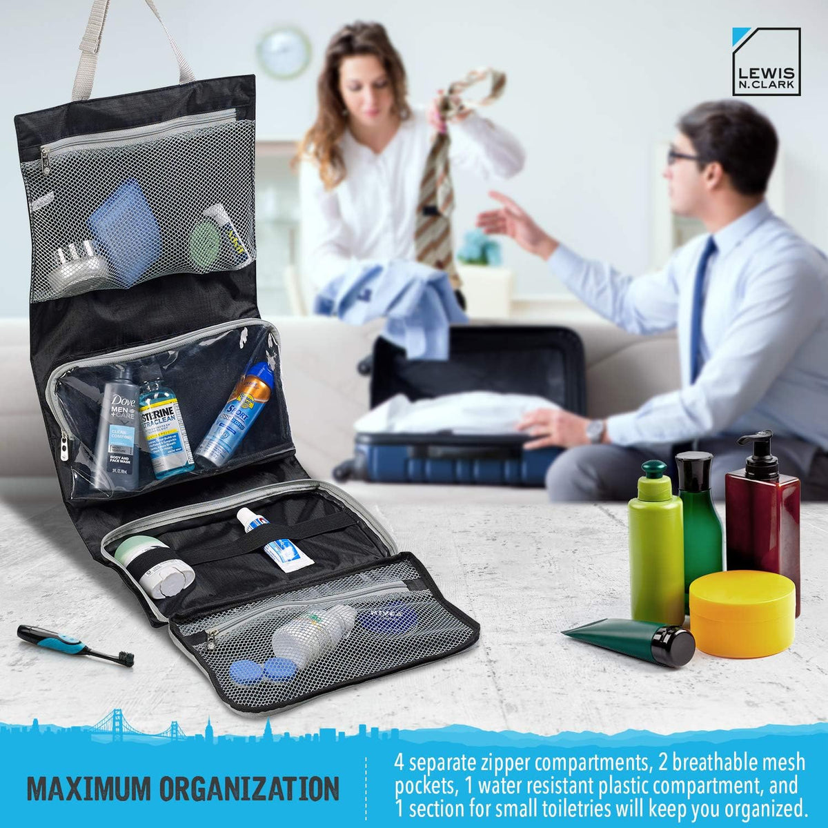 Hanging Toiletry Bag for Travel Accessories, Shampoo, Cosmetics + Personal Items with Waterproof Compartment and Folding Design, Black