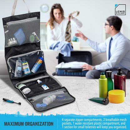 Hanging Toiletry Bag for Travel Accessories, Shampoo, Cosmetics + Personal Items with Waterproof Compartment and Folding Design, Black