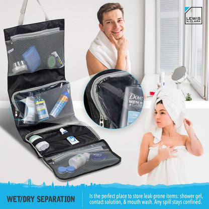 Hanging Toiletry Bag for Travel Accessories, Shampoo, Cosmetics + Personal Items with Waterproof Compartment and Folding Design, Black