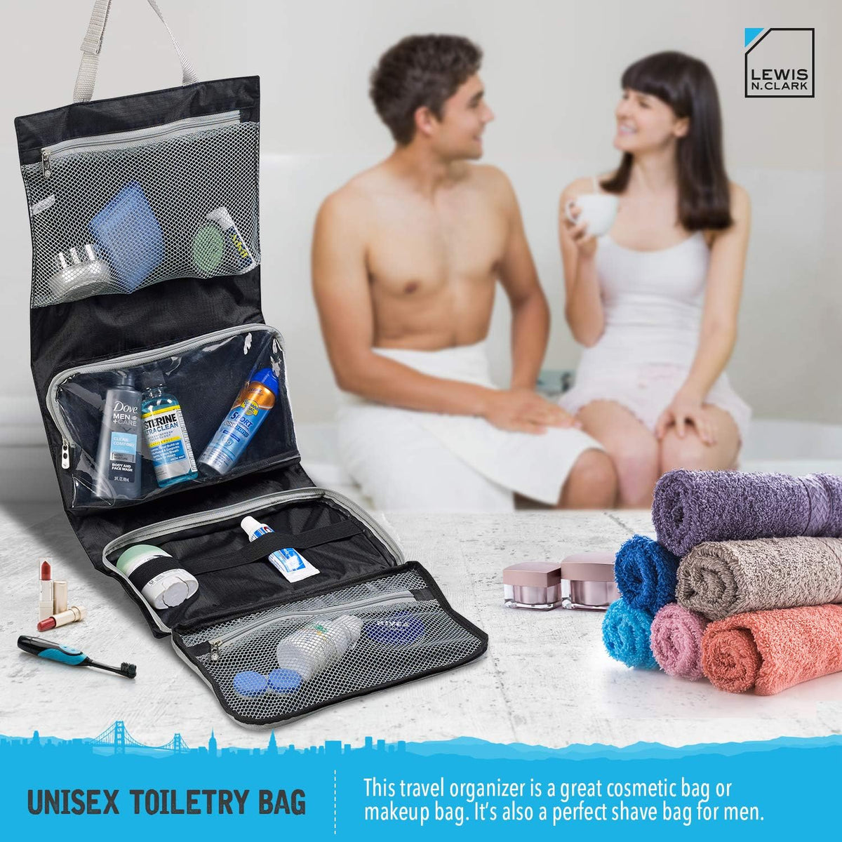 Hanging Toiletry Bag for Travel Accessories, Shampoo, Cosmetics + Personal Items with Waterproof Compartment and Folding Design, Black
