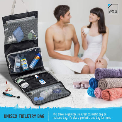 Hanging Toiletry Bag for Travel Accessories, Shampoo, Cosmetics + Personal Items with Waterproof Compartment and Folding Design, Black