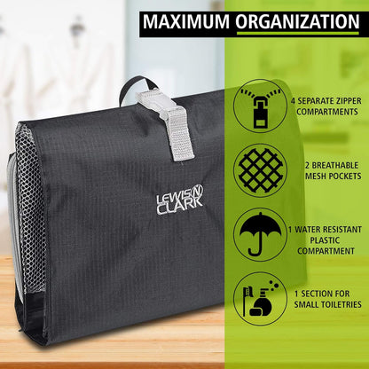 Hanging Toiletry Bag for Travel Accessories, Shampoo, Cosmetics + Personal Items with Waterproof Compartment and Folding Design, Black