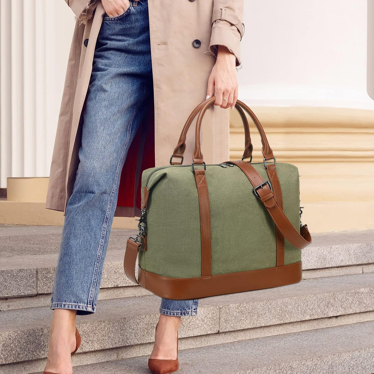 Travel Tote Bags with Zipper Ladies Canvas Bag Weekender Overnight Bag for Women Carry on Duffel Bag Trolley Sleeve