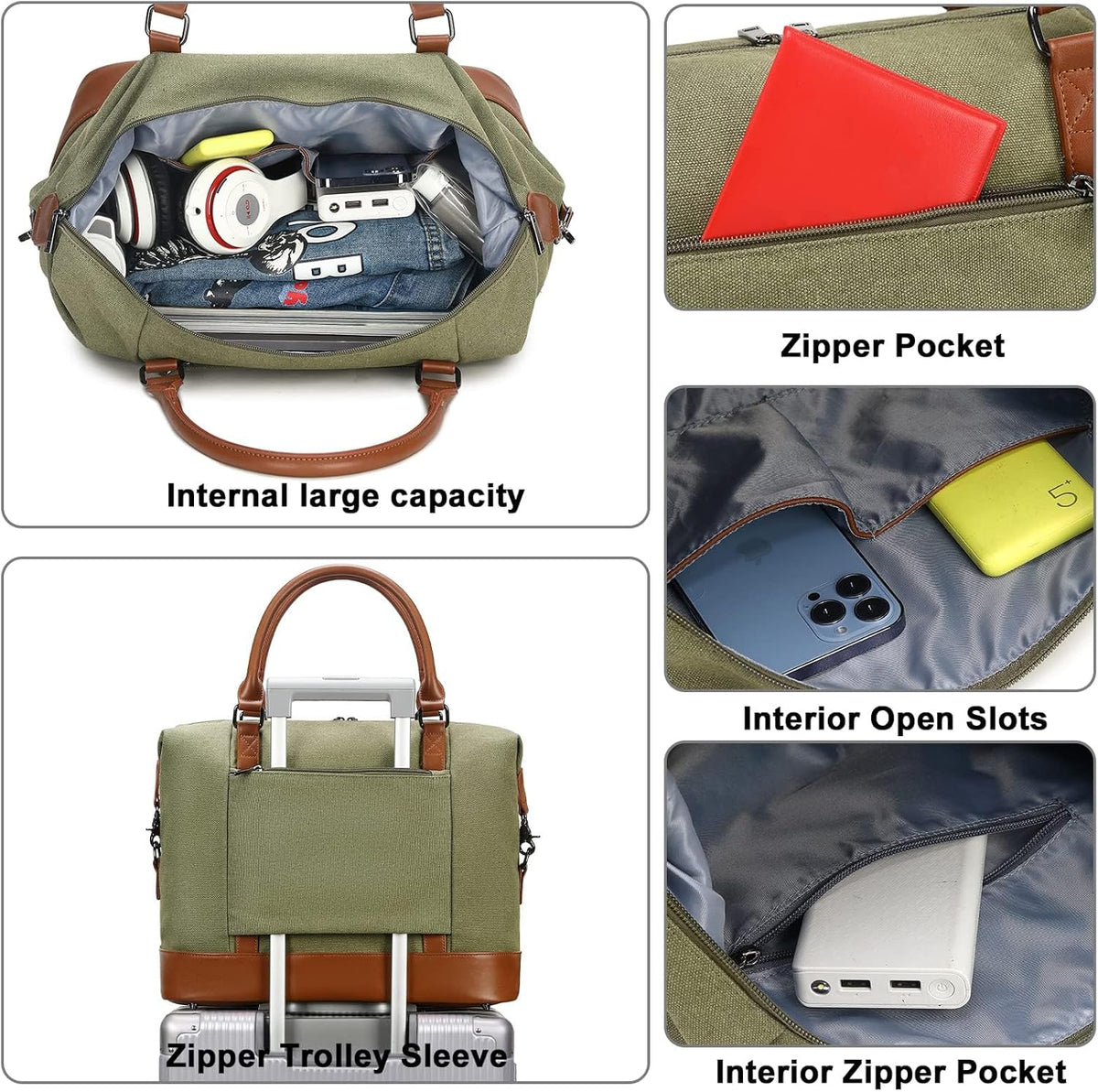 Travel Tote Bags with Zipper Ladies Canvas Bag Weekender Overnight Bag for Women Carry on Duffel Bag Trolley Sleeve