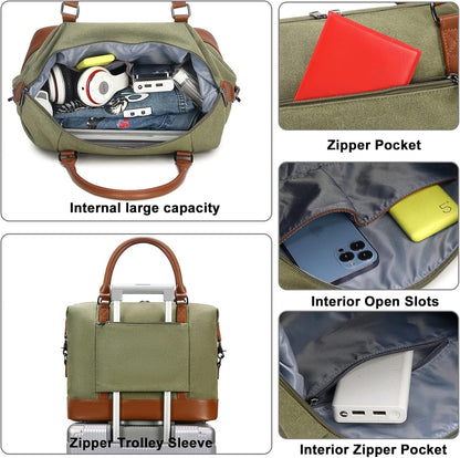 Travel Tote Bags with Zipper Ladies Canvas Bag Weekender Overnight Bag for Women Carry on Duffel Bag Trolley Sleeve