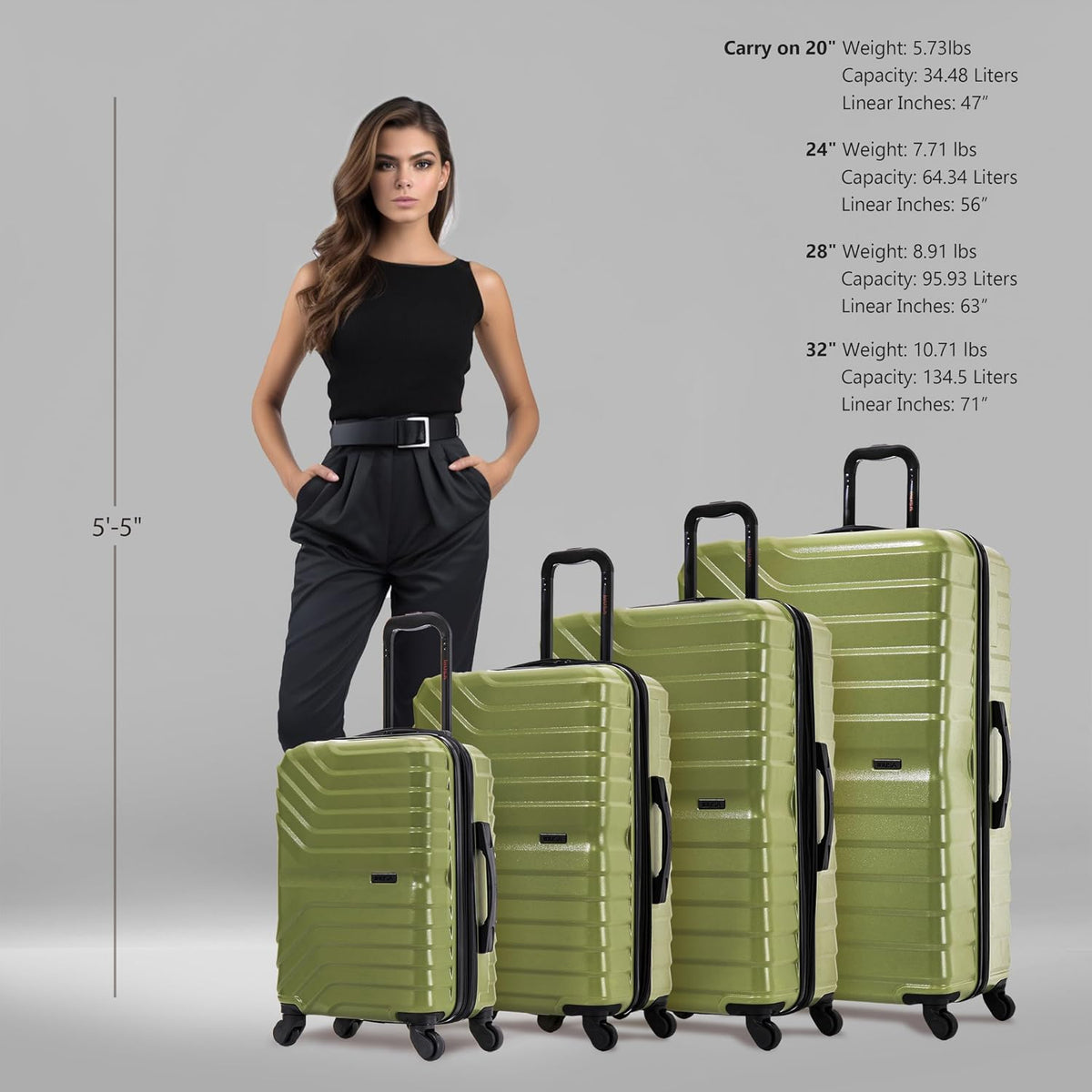 AURUM Hardside Luggage with Spinner Wheels | 20 in Durable Lightweight Carry on Suitcase for Travel | Zipper Clouser Suit Case with Gel Handles and Trolley | Green