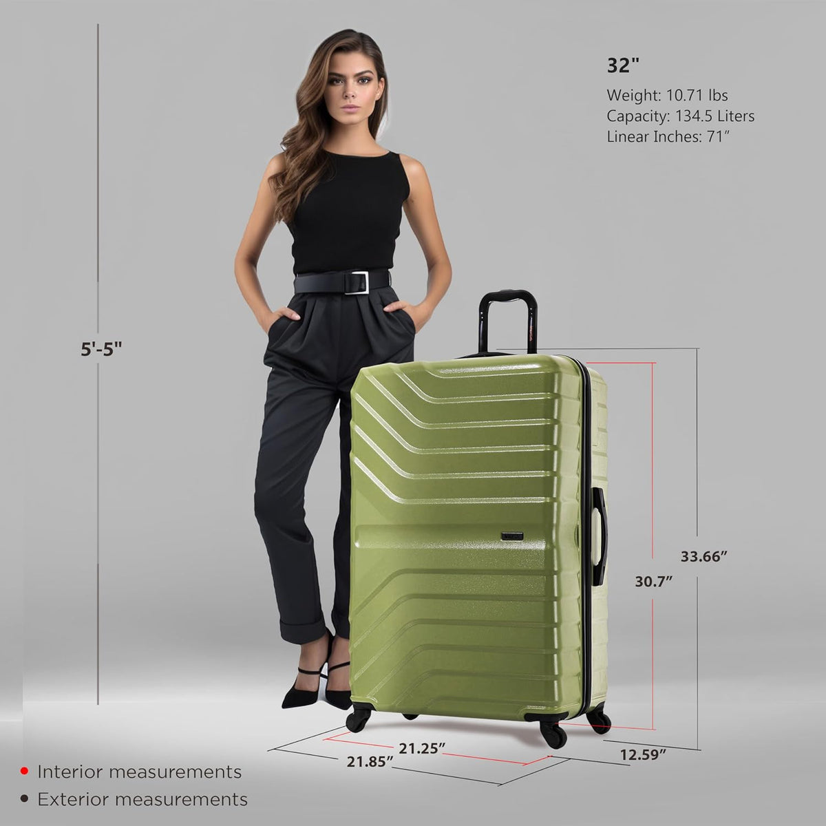AURUM Hardside Luggage with Spinner Wheels | 20 in Durable Lightweight Carry on Suitcase for Travel | Zipper Clouser Suit Case with Gel Handles and Trolley | Green