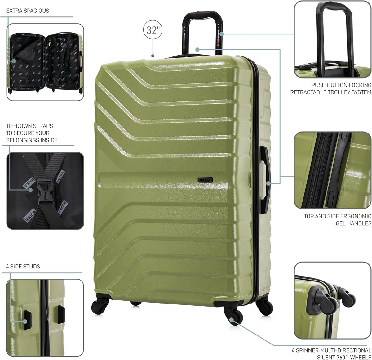 AURUM Hardside Luggage with Spinner Wheels | 20 in Durable Lightweight Carry on Suitcase for Travel | Zipper Clouser Suit Case with Gel Handles and Trolley | Green