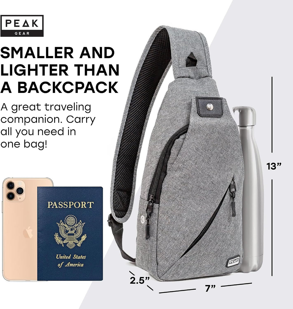 Travel Sling Bag. Compact Crossbody Bag | Lighter and Smaller than a Backpack | Lifetime Lost & Found ID Tag