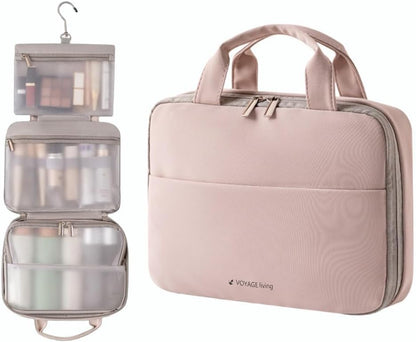 Voyage Living Hanging Travel Toiletry Bag for Women, 3-Tier Makeup Organizer, Large Capacity Waterproof PU Leather Cosmetic Case, Travel Essentials (Mist Rose)