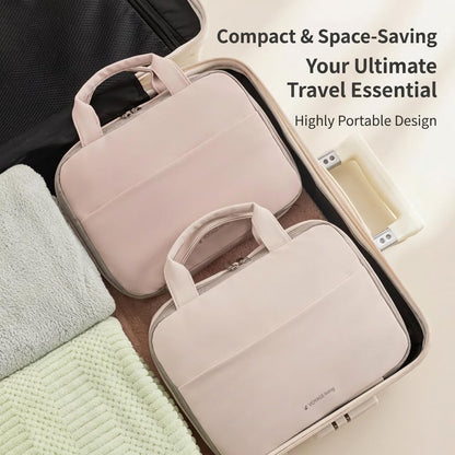 Voyage Living Hanging Travel Toiletry Bag for Women, 3-Tier Makeup Organizer, Large Capacity Waterproof PU Leather Cosmetic Case, Travel Essentials (Mist Rose)