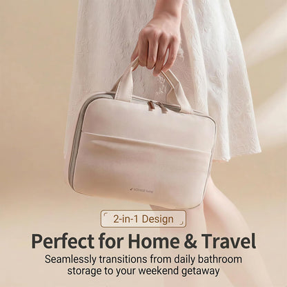Voyage Living Hanging Travel Toiletry Bag for Women, 3-Tier Makeup Organizer, Large Capacity Waterproof PU Leather Cosmetic Case, Travel Essentials (Mist Rose)