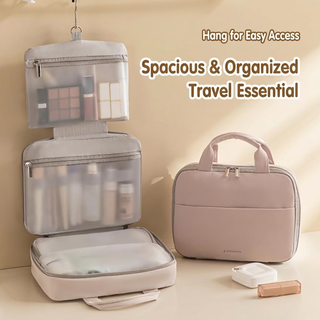 Voyage Living Hanging Travel Toiletry Bag for Women, 3-Tier Makeup Organizer, Large Capacity Waterproof PU Leather Cosmetic Case, Travel Essentials (Mist Rose)