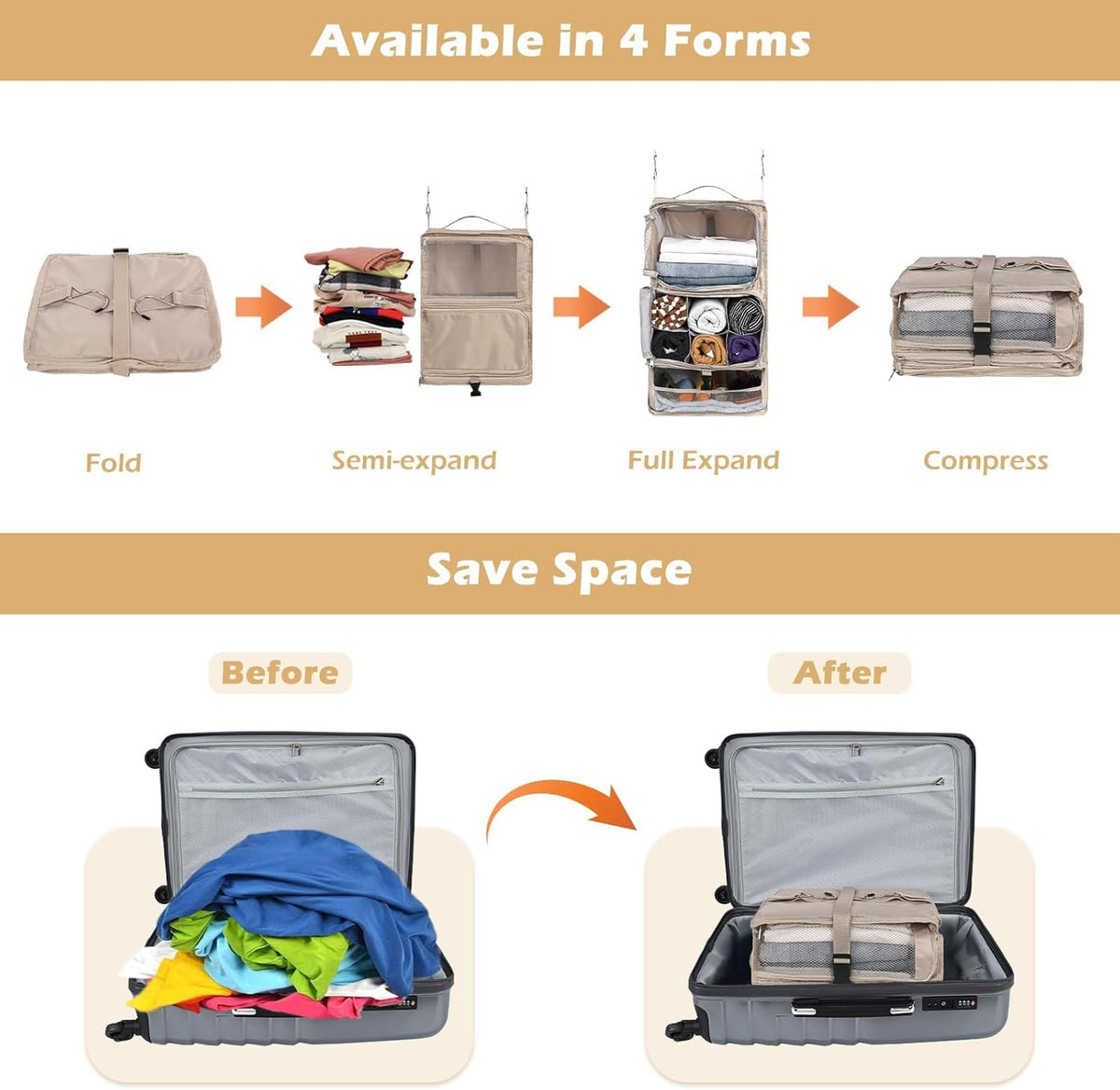 Hanging Shelves Travel Compression Packing Cube for Carry-on Luggage Suitcase Collapsible Transformable Garment Closet Organizers Large Capacity, Lightgrey, XL