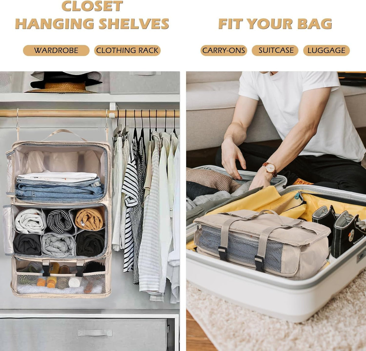 Hanging Shelves Travel Compression Packing Cube for Carry-on Luggage Suitcase Collapsible Transformable Garment Closet Organizers Large Capacity, Lightgrey, XL