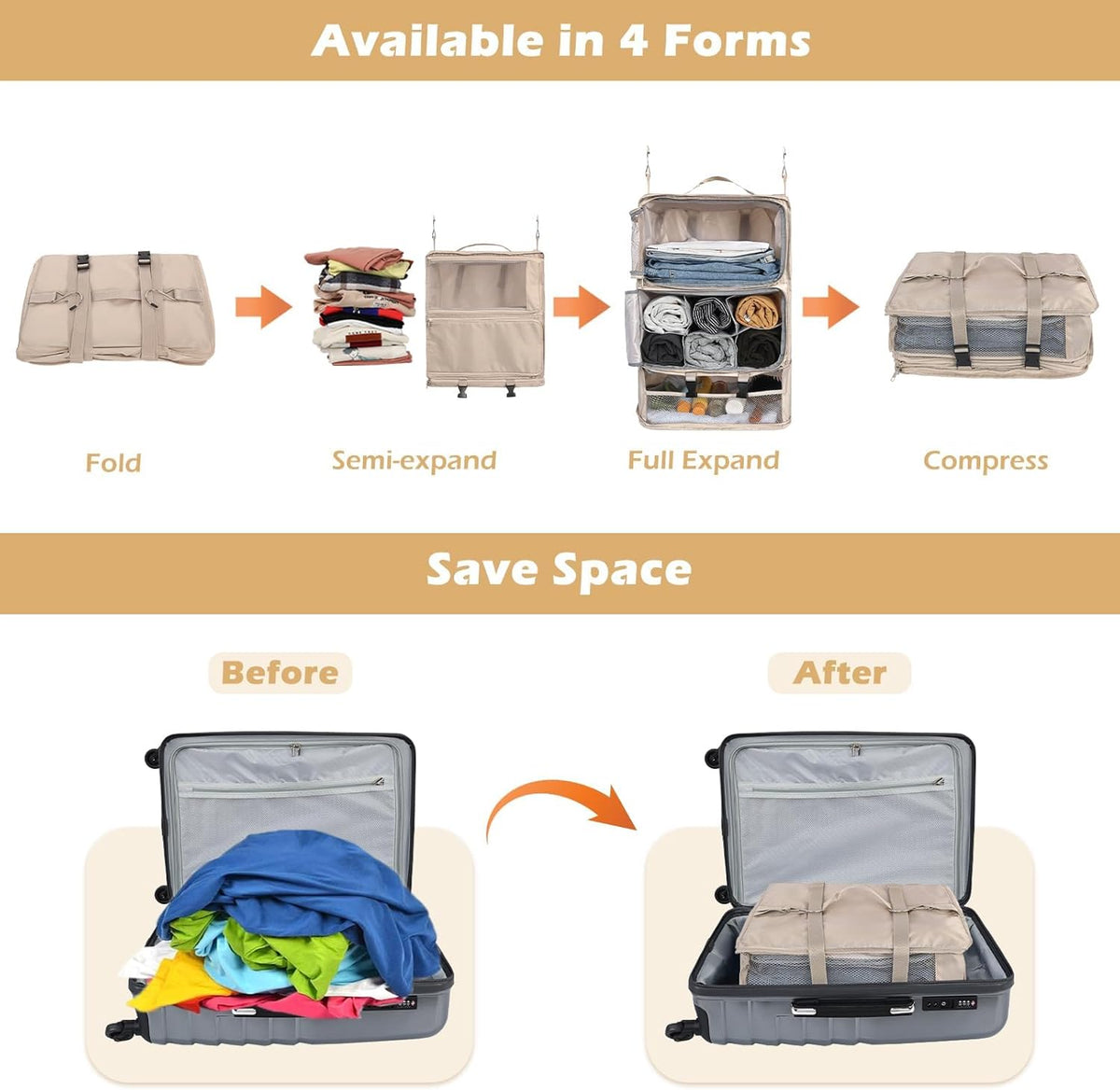 Hanging Shelves Travel Compression Packing Cube for Carry-on Luggage Suitcase Collapsible Transformable Garment Closet Organizers Large Capacity, Lightgrey, XL