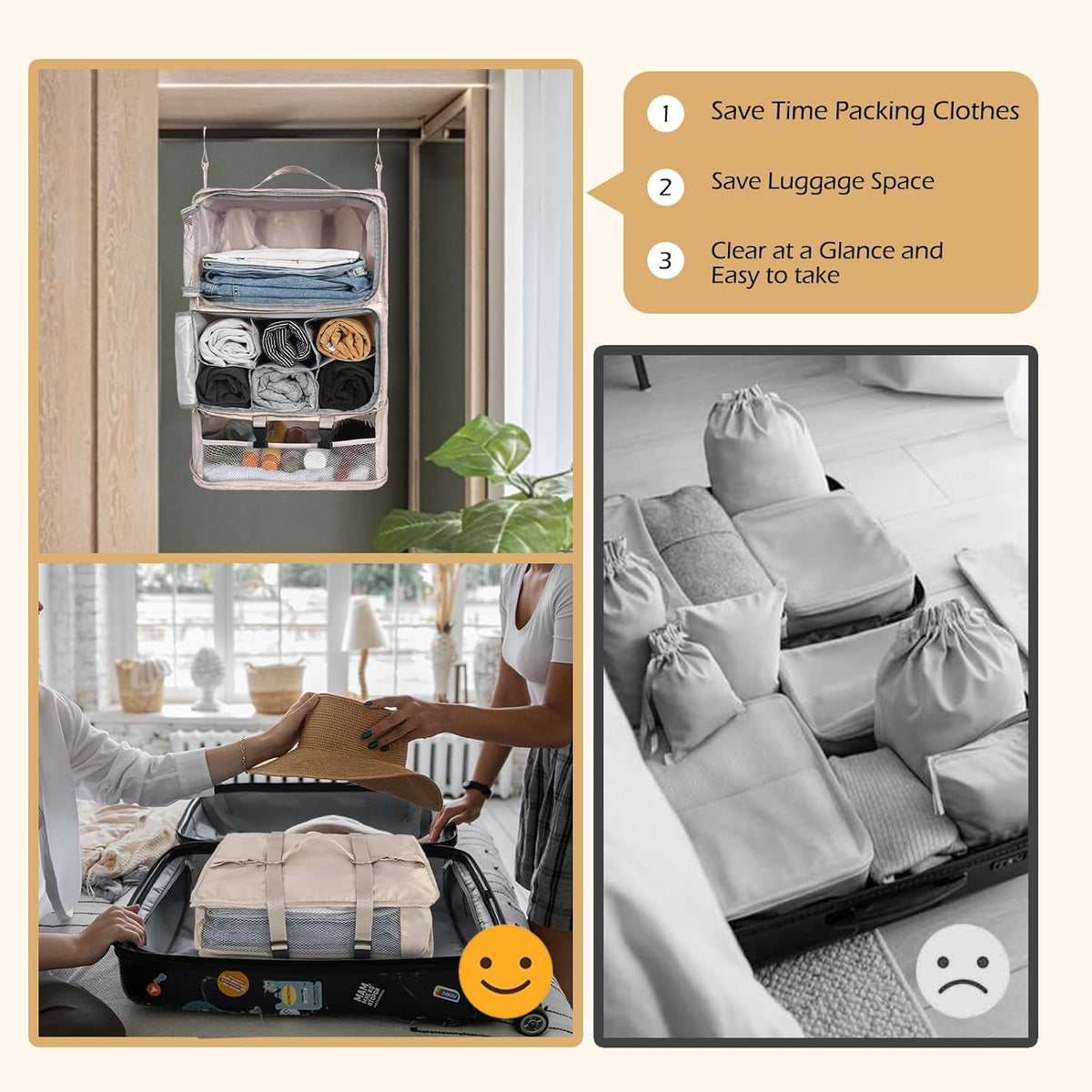 Hanging Shelves Travel Compression Packing Cube for Carry-on Luggage Suitcase Collapsible Transformable Garment Closet Organizers Large Capacity, Lightgrey, XL