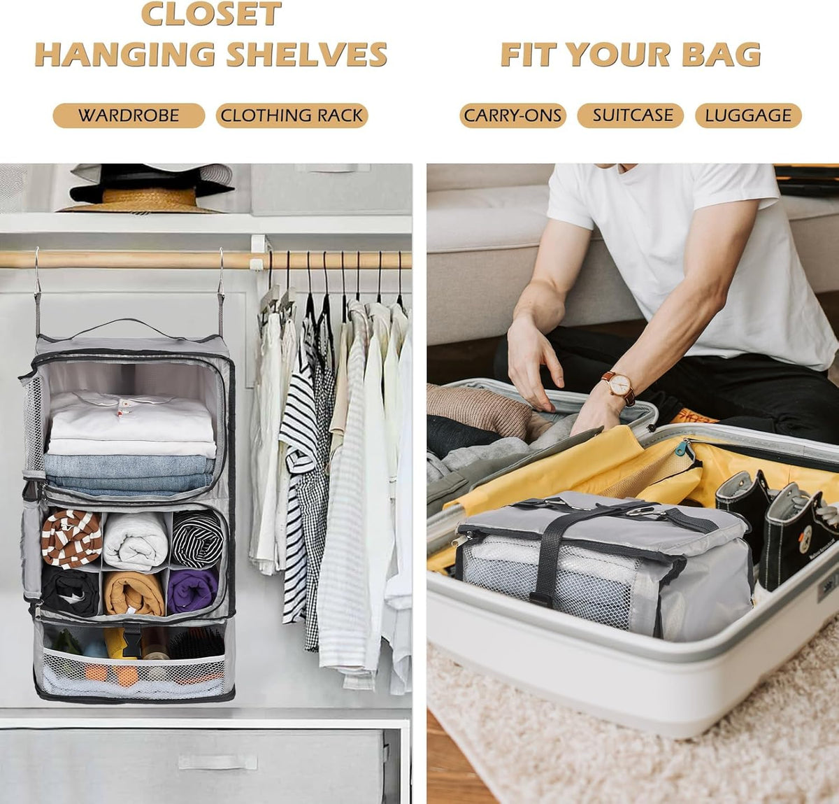 Hanging Shelves Travel Compression Packing Cube for Carry-on Luggage Suitcase Collapsible Transformable Garment Closet Organizers Large Capacity, Lightgrey, XL