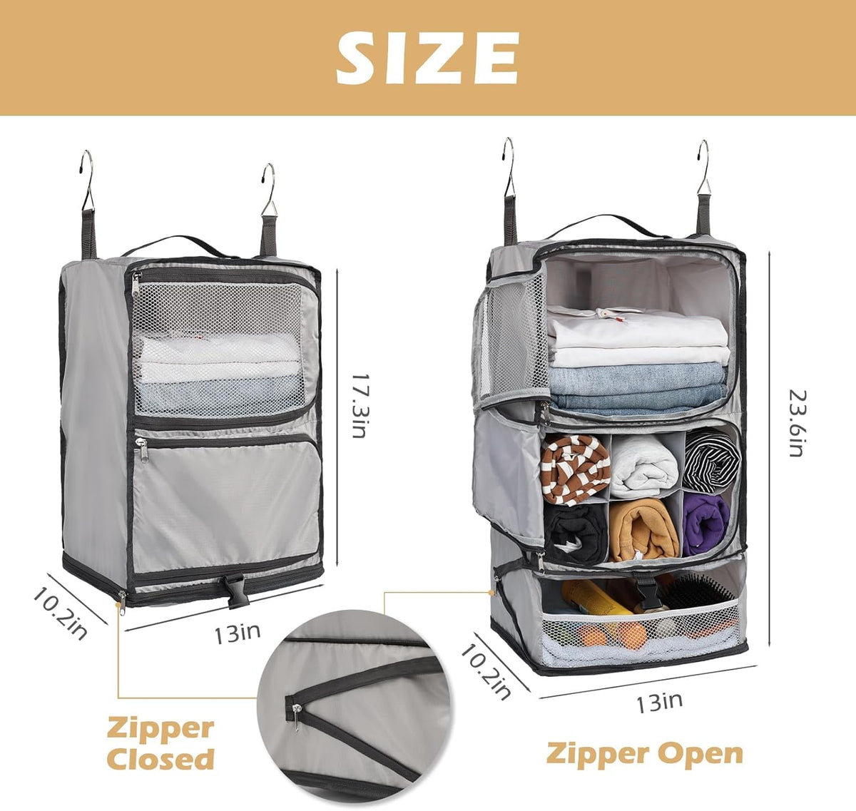 Hanging Shelves Travel Compression Packing Cube for Carry-on Luggage Suitcase Collapsible Transformable Garment Closet Organizers Large Capacity, Lightgrey, XL