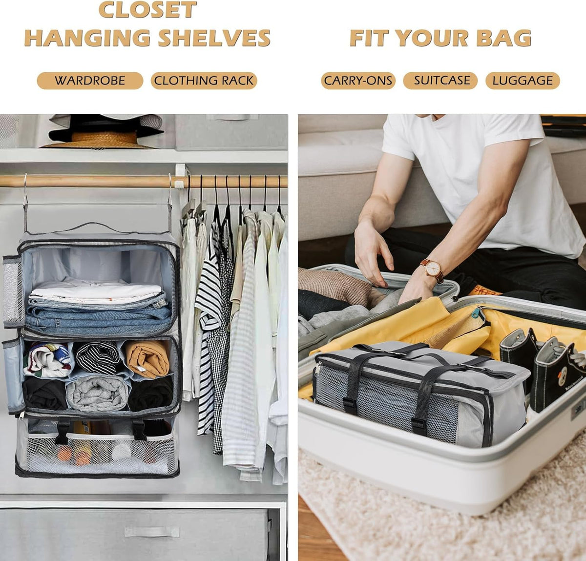 Hanging Shelves Travel Compression Packing Cube for Carry-on Luggage Suitcase Collapsible Transformable Garment Closet Organizers Large Capacity, Lightgrey, XL