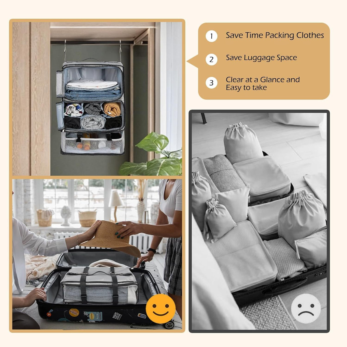 Hanging Shelves Travel Compression Packing Cube for Carry-on Luggage Suitcase Collapsible Transformable Garment Closet Organizers Large Capacity, Lightgrey, XL