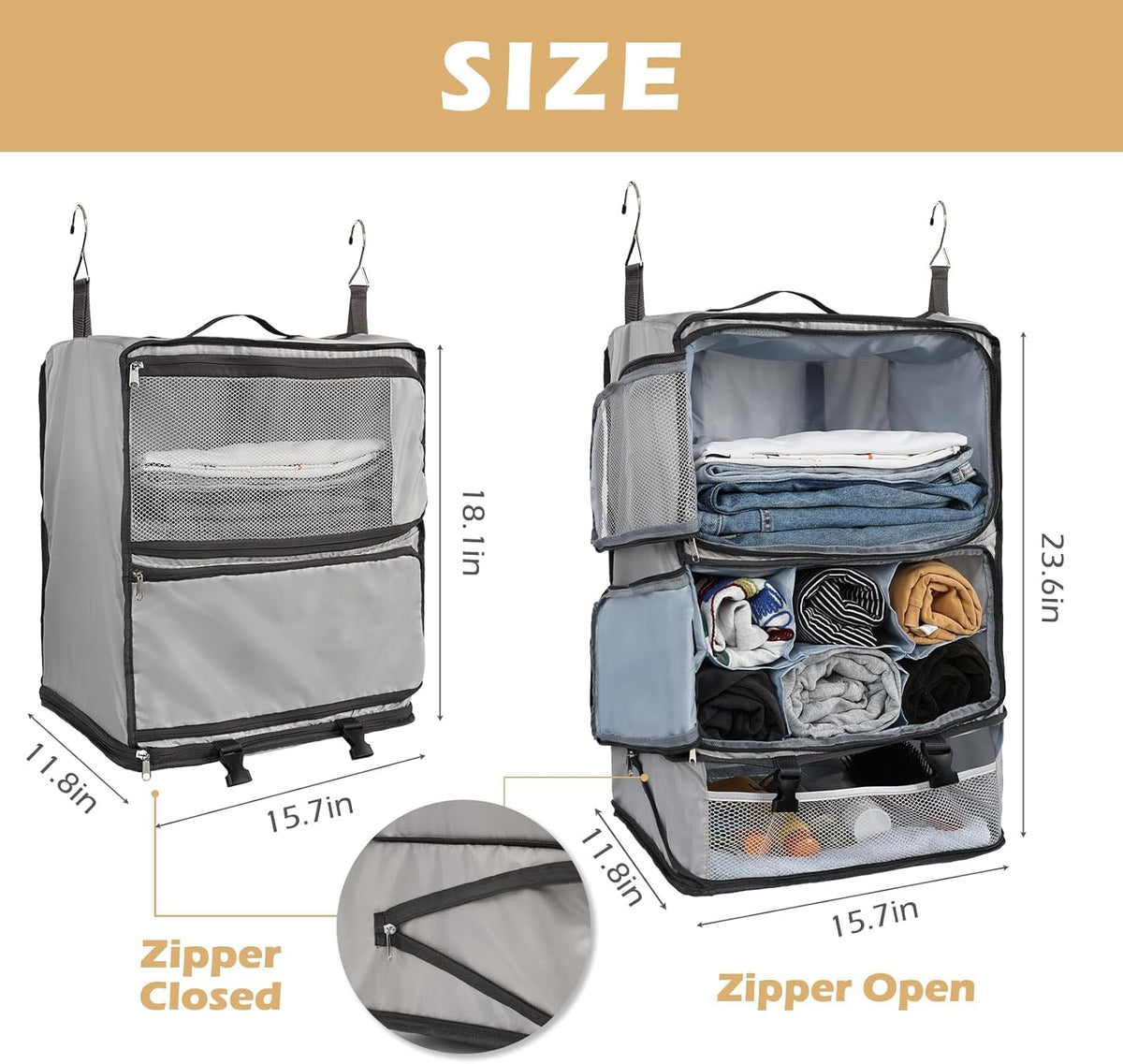 Hanging Shelves Travel Compression Packing Cube for Carry-on Luggage Suitcase Collapsible Transformable Garment Closet Organizers Large Capacity, Lightgrey, XL