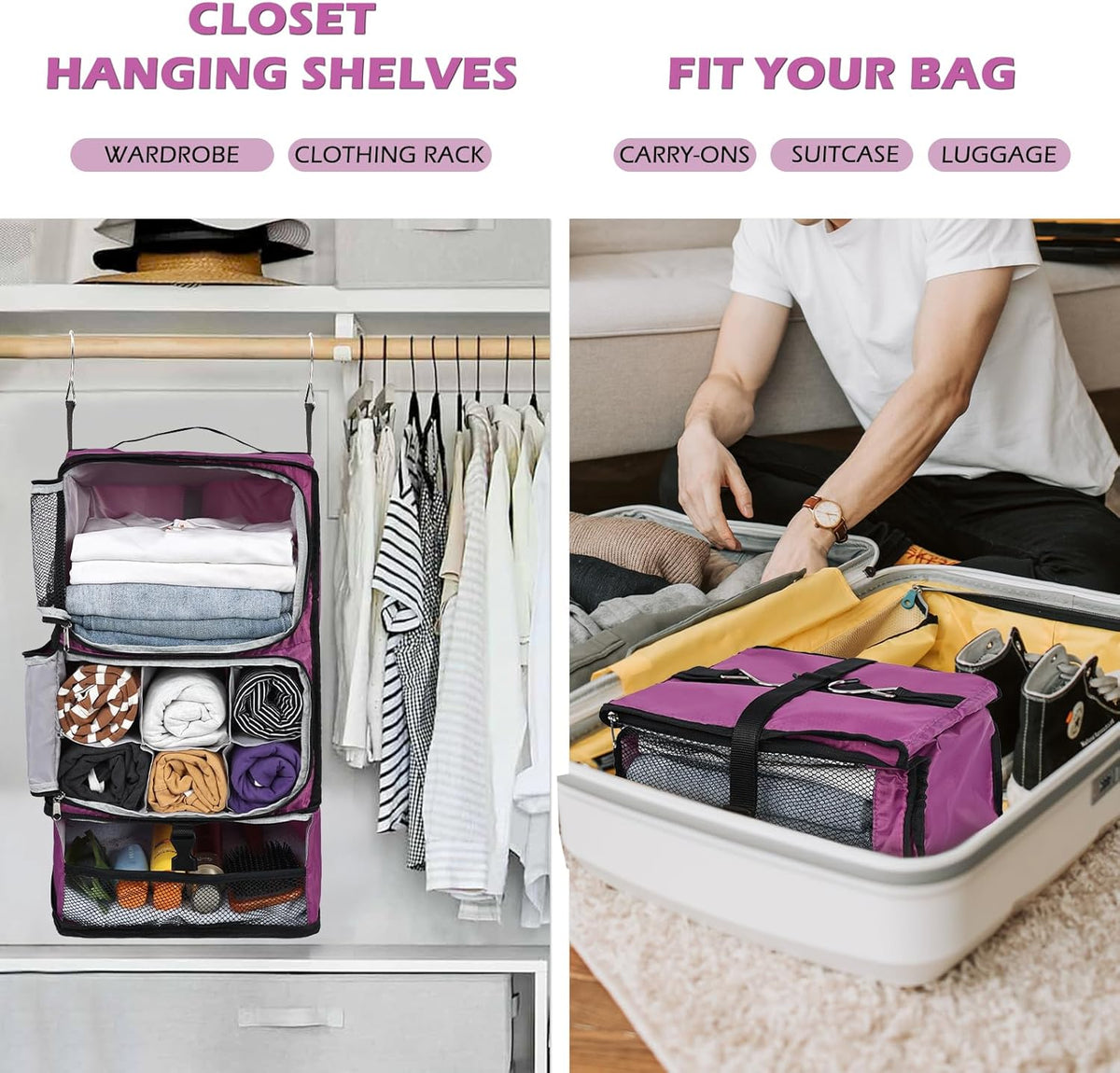 Hanging Shelves Travel Compression Packing Cube for Carry-on Luggage Suitcase Collapsible Transformable Garment Closet Organizers Large Capacity, Lightgrey, XL