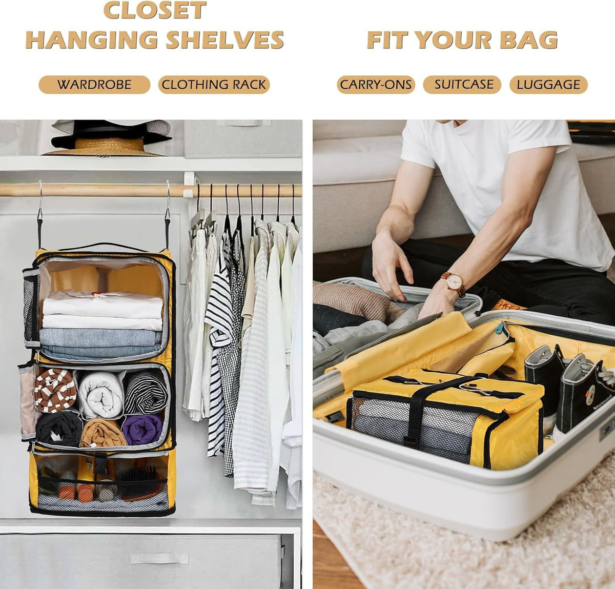 Hanging Shelves Travel Compression Packing Cube for Carry-on Luggage Suitcase Collapsible Transformable Garment Closet Organizers Large Capacity, Lightgrey, XL