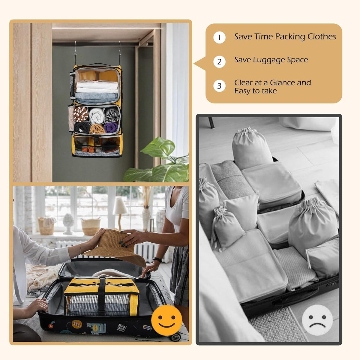 Hanging Shelves Travel Compression Packing Cube for Carry-on Luggage Suitcase Collapsible Transformable Garment Closet Organizers Large Capacity, Lightgrey, XL