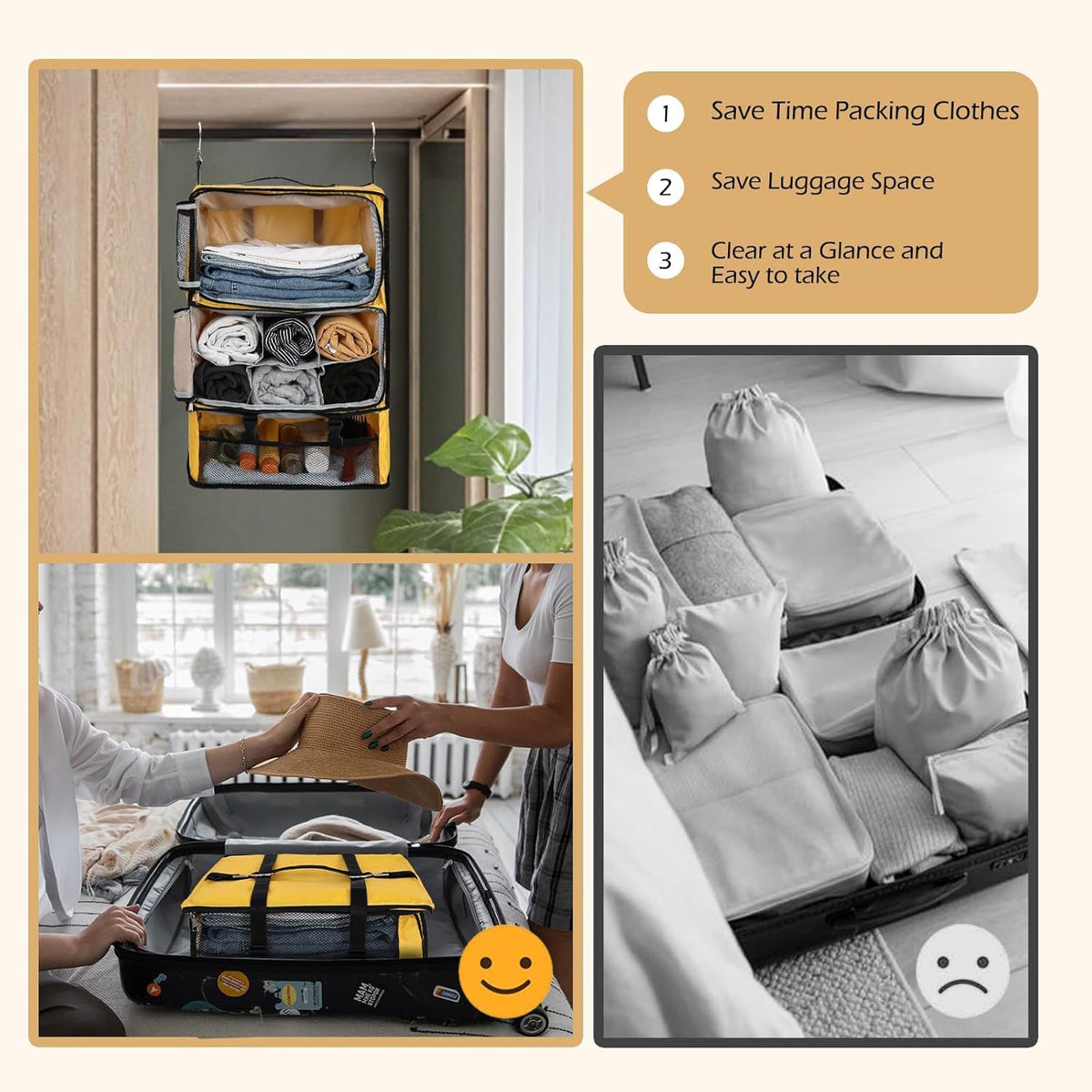 Hanging Shelves Travel Compression Packing Cube for Carry-on Luggage Suitcase Collapsible Transformable Garment Closet Organizers Large Capacity, Lightgrey, XL