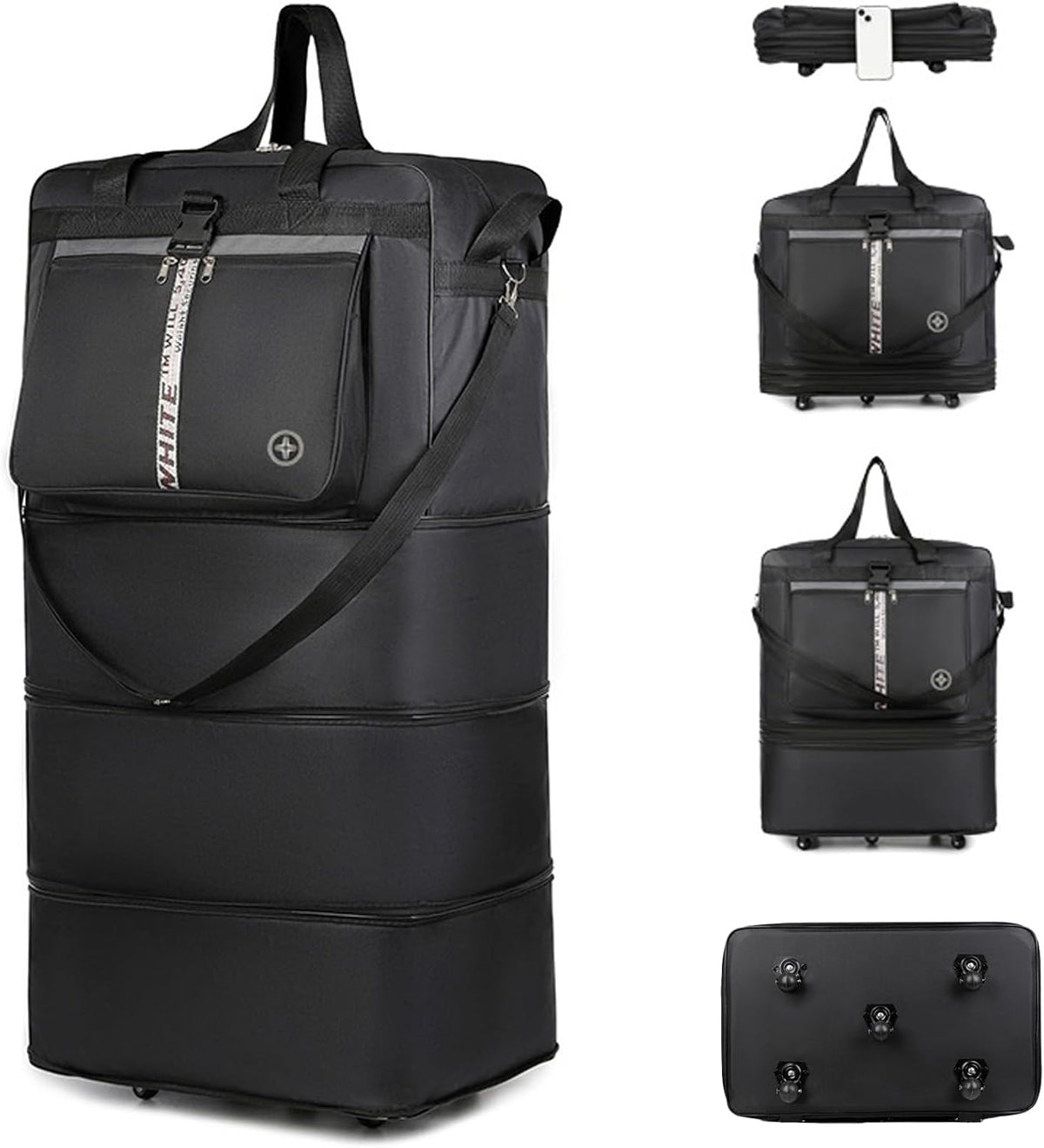 Expandable Travel Duffel Bag with Wheels, 42 Inch Large Collapsible Luggage, 5pcs 360° Spinner Wheels, Waterproof Oxford Cloth, Foldable Suitcase with Shoulder Strap for Men & Women, Black