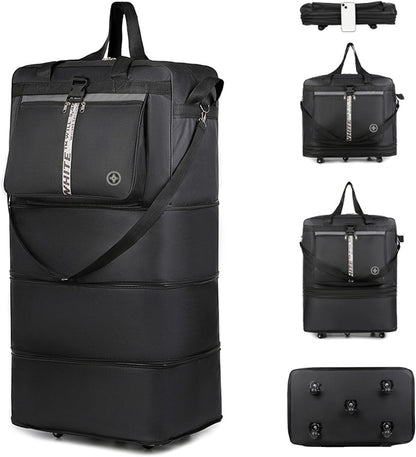 Expandable Travel Duffel Bag with Wheels, 42 Inch Large Collapsible Luggage, 5pcs 360° Spinner Wheels, Waterproof Oxford Cloth, Foldable Suitcase with Shoulder Strap for Men & Women, Black