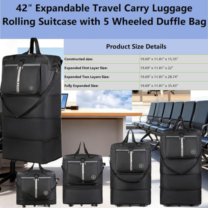 Expandable Travel Duffel Bag with Wheels, 42 Inch Large Collapsible Luggage, 5pcs 360° Spinner Wheels, Waterproof Oxford Cloth, Foldable Suitcase with Shoulder Strap for Men & Women, Black