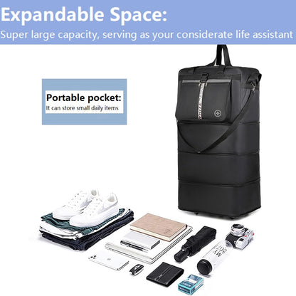 Expandable Travel Duffel Bag with Wheels, 42 Inch Large Collapsible Luggage, 5pcs 360° Spinner Wheels, Waterproof Oxford Cloth, Foldable Suitcase with Shoulder Strap for Men & Women, Black
