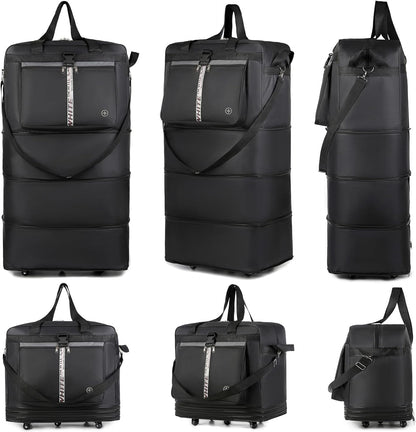 Expandable Travel Duffel Bag with Wheels, 42 Inch Large Collapsible Luggage, 5pcs 360° Spinner Wheels, Waterproof Oxford Cloth, Foldable Suitcase with Shoulder Strap for Men & Women, Black