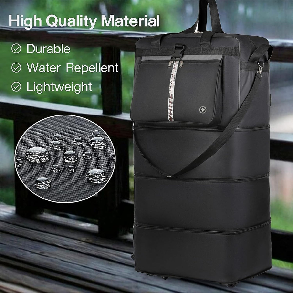 Expandable Travel Duffel Bag with Wheels, 42 Inch Large Collapsible Luggage, 5pcs 360° Spinner Wheels, Waterproof Oxford Cloth, Foldable Suitcase with Shoulder Strap for Men & Women, Black