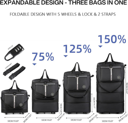 Expandable Travel Duffel Bag with Wheels, 42 Inch Large Collapsible Luggage, 5pcs 360° Spinner Wheels, Waterproof Oxford Cloth, Foldable Suitcase with Shoulder Strap for Men & Women, Black